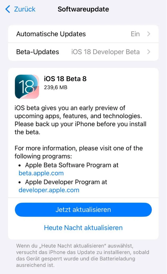 胡市镇苹果手机维修分享苹果 iOS / iPadOS 18 开发者预览版 Beta 8 发布 